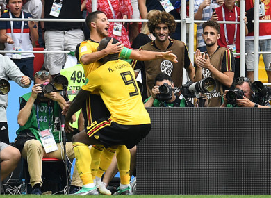 Hazard and Lukaku celebrate together.