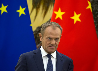 European Council President Donald Tusk attends a joint press conference with Chinese Premier Li Keqiang and European Commission President Jean-Claude Juncker