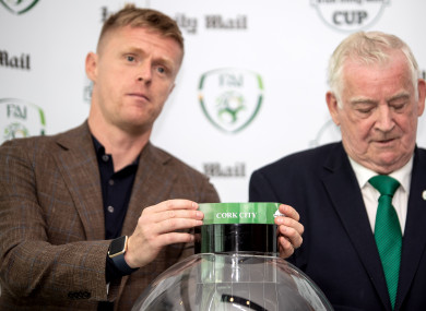 Former Ireland international Damien Duff drawing Cork City out of the pot earlier this month.