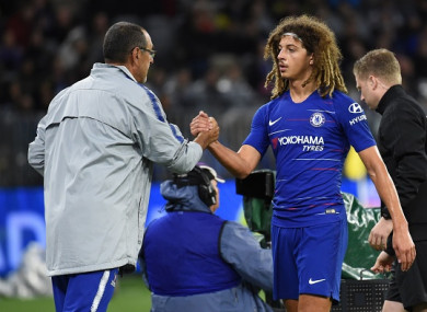 Sarri shakes Ethan Ampadu's hand after the final whistle.
