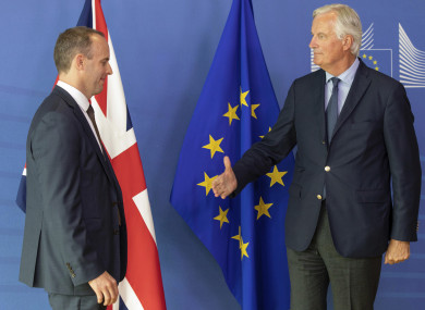 Britain's Secretary of State for Exiting the European Union Dominic Raab, left, and EU chief Brexit negotiator Michel Barnier.