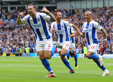 Shane Duffy celebrates scoring against Man United at the AMEX Stadium.