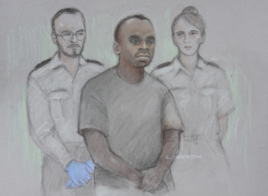 Court artist sketch by Elizabeth Cook of 29-year-old Sudanese national Salih Khater, of Highgate Street, Birmingham.