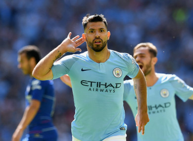 Sergio Aguero celebrates his 200th Manchester City goal