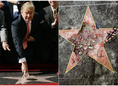 Donald Trump posing with his star on the Hollywood Walk of Fame and Trump's star after it was vandalized