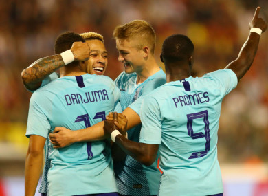 Netherlands' Arnaut Groeneveld celebrates his goal against Belgium