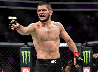 Khabib Nurmagomedov gestures to Conor McGregor's corner after his win last weekend at UFC 229.