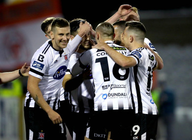 Dundalk's Patrick Hoban celebrates scoring their fourth goal of the game with his team-mates.