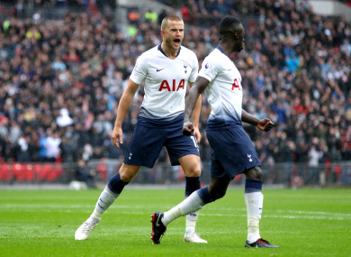 Eric Dier celebrates giving Tottenham the lead against Cardiff.