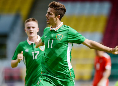 Elbouzedi celebrates scoring for Ireland's U19s against Austria in September 2016.
