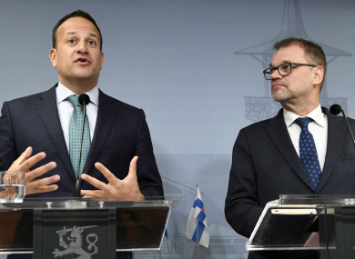 Finland's Prime Minister Juha Sipila, right, and Taoiseach Leo Varadkar attend a press conference at the Prime Minister's official residence Kesaranta in Helsinki, Finland.