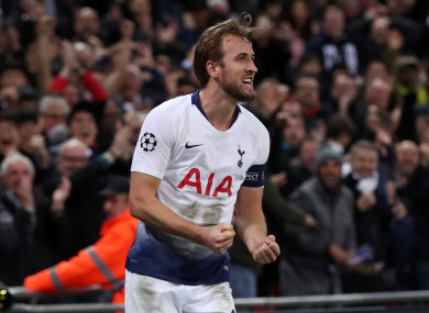 Kane celebrates scoring his second for Tottenham at Wembley.