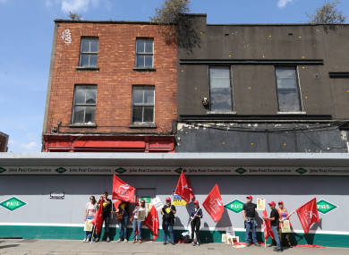 The work stoppage outside the site on Aungier Street in Dublin.