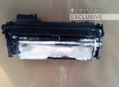 An image of the printer toner cartridge recovered at East Midlands airport in the UK, packed with 300g of PETN explosives.