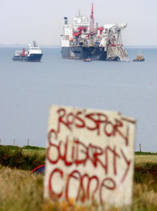 A pipe-laying vessel off the Irish coast in Broadhaven Bay to work on the Corrib pipeline in June 2009.