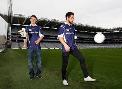 Galvin (right) with UCD hurler Liam Rushe at the launch of this year's Sigerson Cup in Croke Park.
