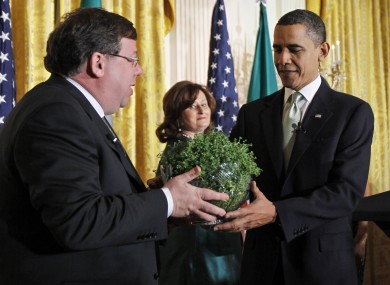 Former Taoiseach Brian Cowen presents president Barack Obama with the traditional bowl of shamrock last St Patrick's Day.
