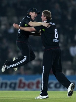 Morgan (left) celebrates with Broad following victory over Pakistan in September 2010.