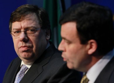 Former Taoiseach Brian Cowen (left) and former Finance Minster Brian Lenihan (right) at a press conference in 2010.