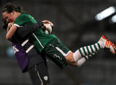 Campbell (right) celebrates with Amanda Budden after their 3-0 win over Ghana in last year's U17 World Cup.