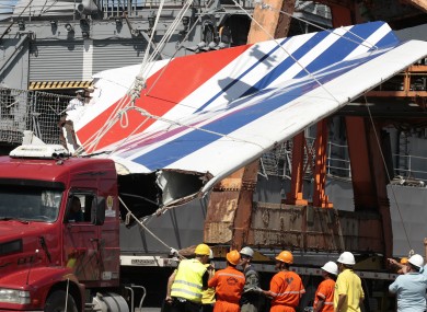 Rescue teams haul debris from the stricken Airbus A330 plane in 2009. The plane crashed off Brazil with the loss of 228 lives.