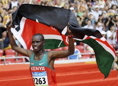 Sammy Wanjiru winning gold for the men's marathon at the 2008 Olympic Games in Beijing.