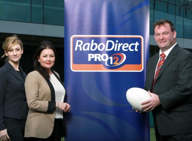 Aoife Mahon, Offline Marketing Manager, RaboDirect, Gina McCrudden, Investments Marketing Manager, RaboDirect and John Feehan, Chief Executive, RaboDirect PRO12, pose at today's official launch.