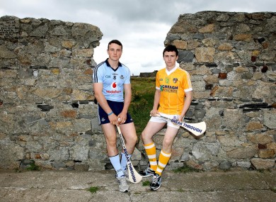 Liam Rushe of Dublin and Conor McCann of Antrim at a photocall ahead of the All-Ireland U21 Hurling semi-finals.