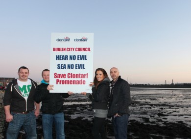 Rugby star Cian Healy, comedian PJ Gallagher, Miss Ireland Holly Carpenter and DJ Ray Shah at the Save Clontarf Promenade demonstration in Dublin today