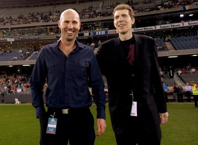 Brian and Jim Stynes are introduced to the crowd before the first International Rules game in October.