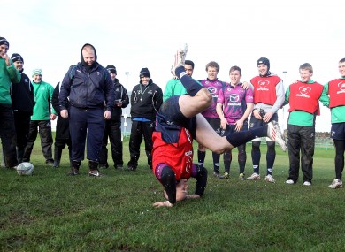 Connacht's Johnny O'Connor entertains his teammates in Galway yesterday.
