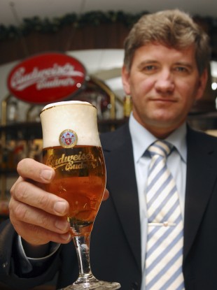 When is a Budweiser not a Budweiser? Budvar managing director Jiri Bocek poses with a glass of Budvar beer - locally known as 'Budweiser'.