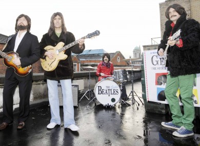 ran King (Paul McCartney), Scott Maher (John Lennon), Binzer Brennan (Ringo Starr) and Rob McKinney (George Harrison) recreate the famous rooftop gig the Beatles did in 1969 on top of the Tivoli Theatre in Dublin to promote the upcoming show 'Get Back - The Story of the Beatles'.