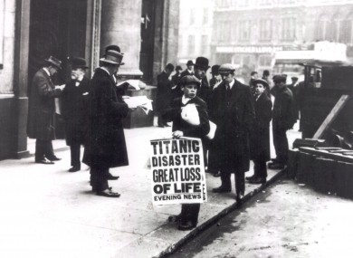 Newspaper headlines bear news of the Titanic's sinking outside the headquarters of the White Star Line company in April 1912.