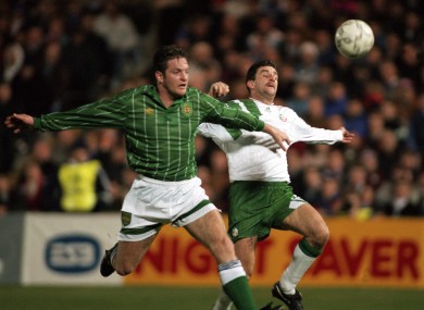 John Aldridge (R) and Gerry Taggart (L) battle for the ball in one of the most famous clashes between the Republic and the North in 1993