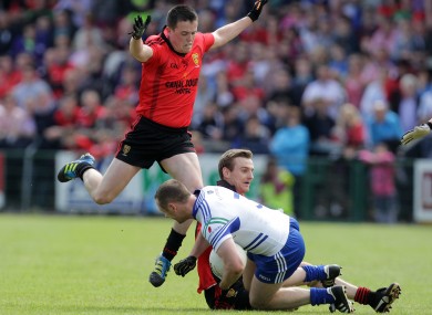 Garvey (left) in action during the Ulster SFC semi-final against Monaghan.