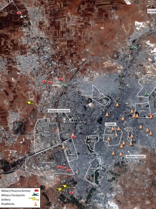 Amnesty International map showing military activity in Aleppo between 23 July and 1 August 2012.