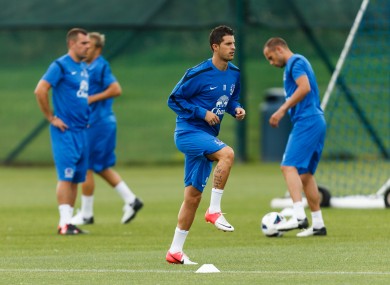 New boy: Mirallas, centre, training at Finch Farm this morning.