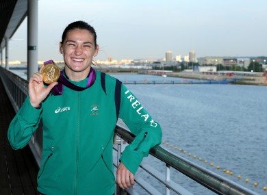Ireland's Katie Taylor with her gold medal after her fight with Russia Sofya Ochigava during the Women's light 60kg fight.