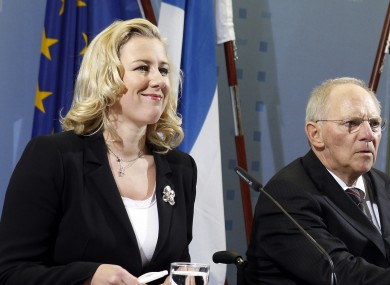 German Finance Minister Wolfgang Schaeuble, center, the Finance Minister of the Netherlands, Jan Kees de Jager, right, and the Finance Minister of Finland, Jutta Urpilainen.