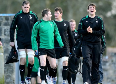 Darren Cave and Donncha O'Callaghan share a joke on the way to training this week.