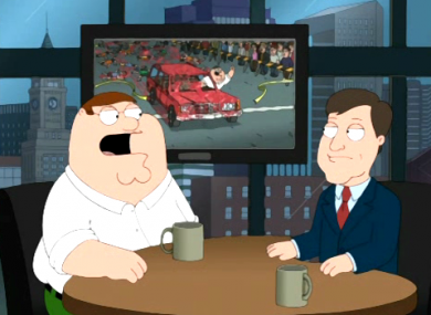 A screen grab from the Family Guy episode 'Turban Cowboy', which aired last month and featured a scene portraying deaths at the Boston Marathon.