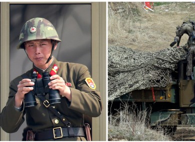 Photographs show a North Korean soldier (left) watching South Korea at a border town, and South Korean soldiers (right) placing a camouflage net over their military vehicle