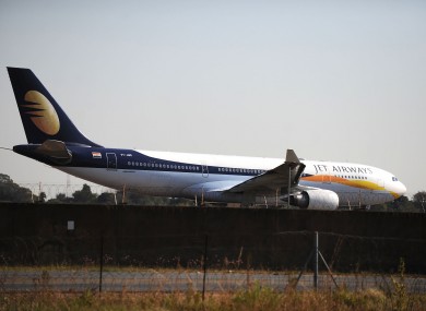 The Jet Airways plane prepares to take-off from the Waterkloof Air Force Base near Pretoria today, after being embroiled in a scandal about landing a wedding party at the military base.