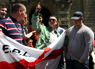 EDL leader Tommy Robinson (centre) with EDL supporters outside the Old Bailey earlier this month