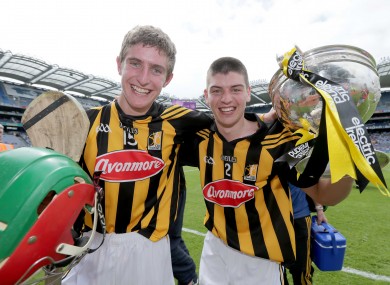Tyrell, right, celebrates with star attacker Alan Murphy.