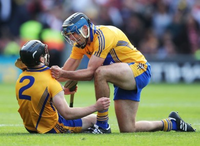 Clare's Brendan Bulger celebrates with Domhnall O'Donovan who scored the equalizing point.