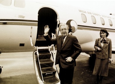 Charlie Haughey boarding the government jet in Dublin.