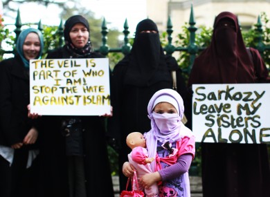 A protest outside the French Embassey in Dublin in 2011 calling on the French Government to change the ban on women wearing the Islamic Burqa