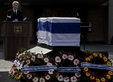 The coffin of late Israeli Prime Minister Ariel Sharon at the Knesset, the Israeli Parliament, in Jerusalem today.